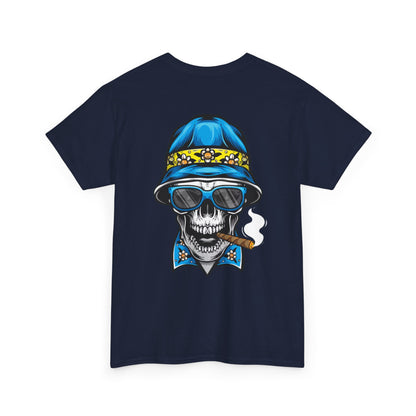 Skull Cigar Tee — Vintage Blue Bucket Hat Graphic T-Shirt