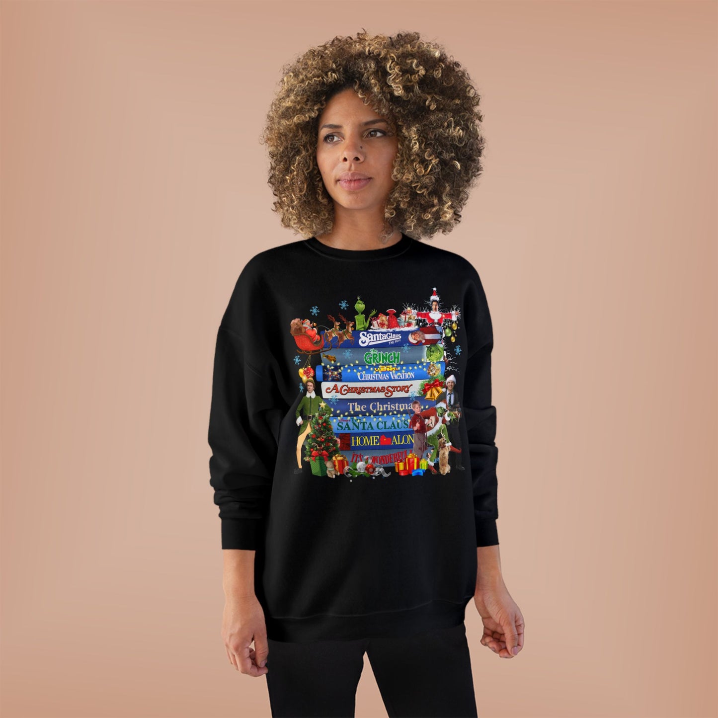 Christmas Movie Stack Crewneck Sweatshirt — Holiday Classics Sign Design