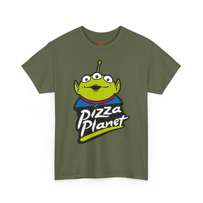 Pizza Planet Alien Graphic Tee — Retro Cartoon Pizza Logo T-Shirt
