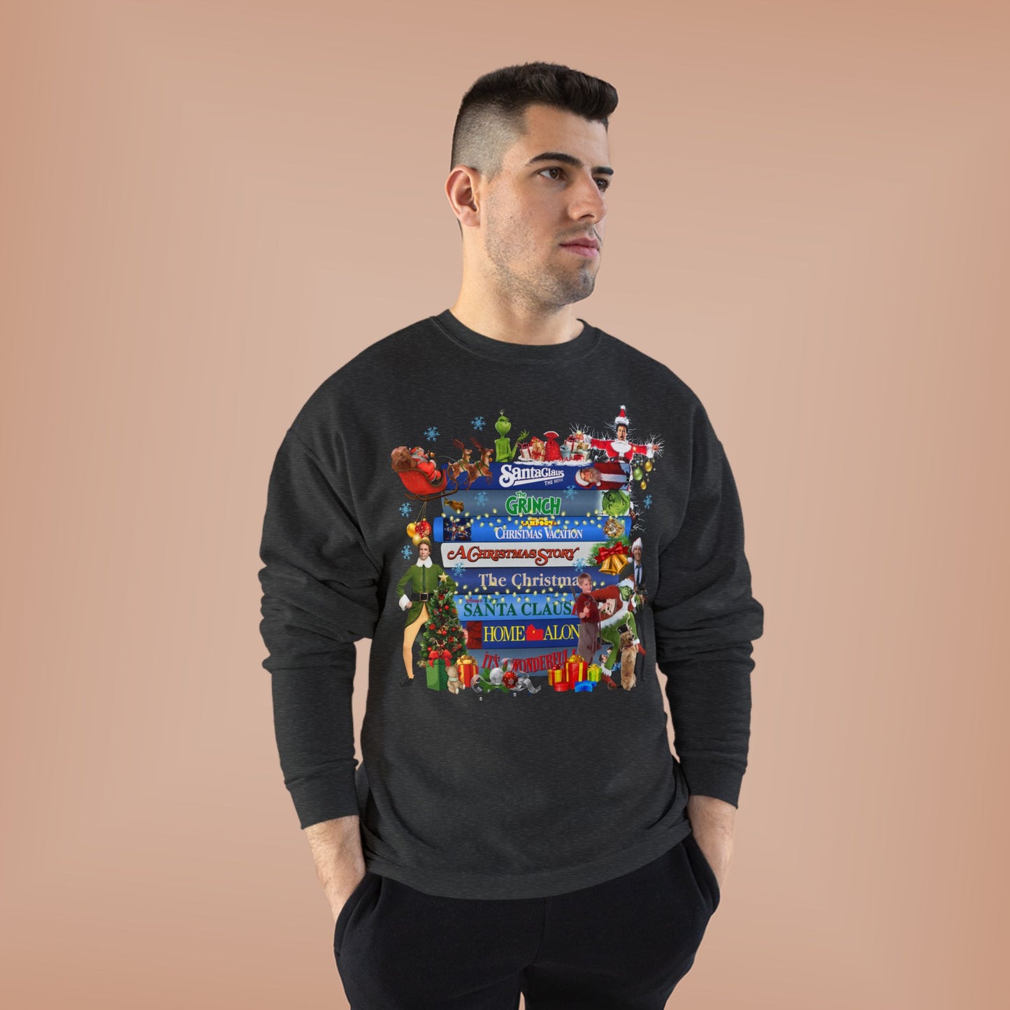 Christmas Movie Stack Crewneck Sweatshirt — Holiday Classics Sign Design
