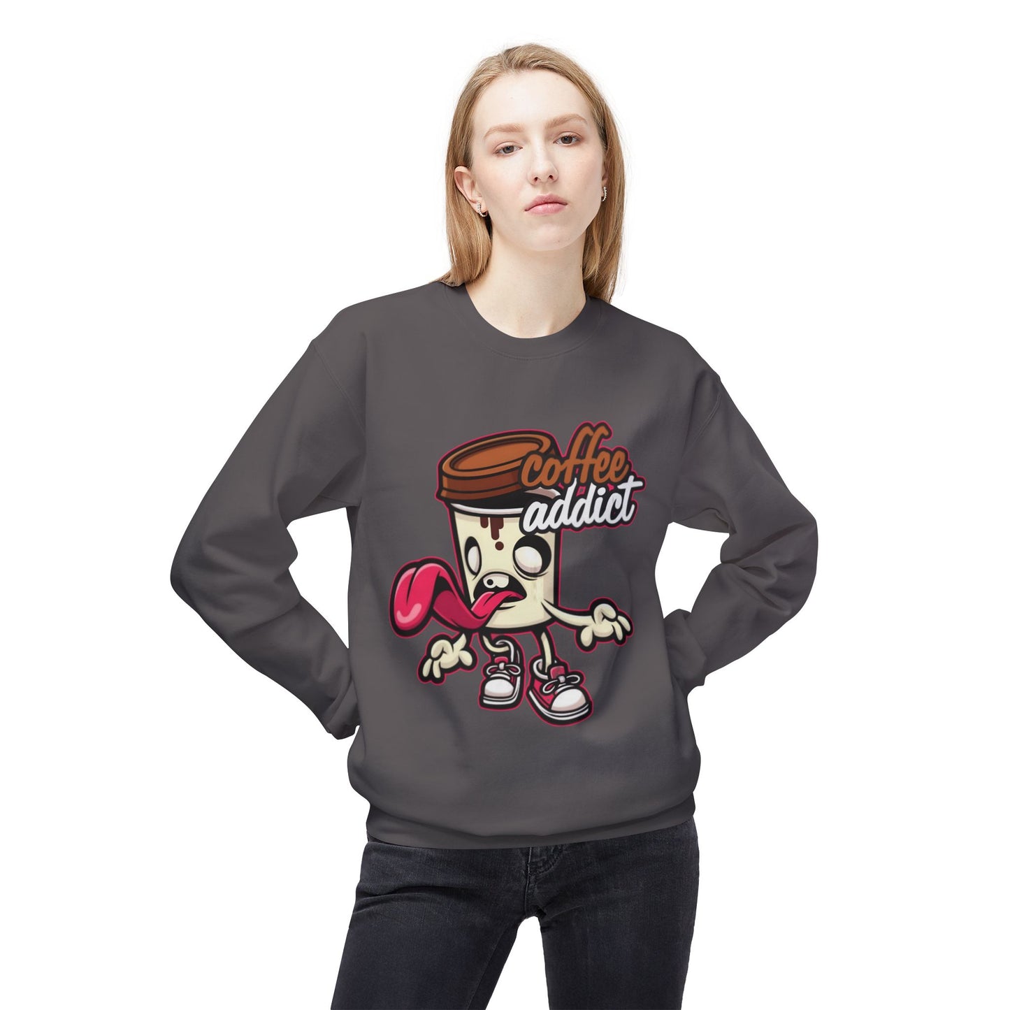 Coffee Addict Crewneck Sweatshirt — Cute Cartoon Coffee Cup Graphic