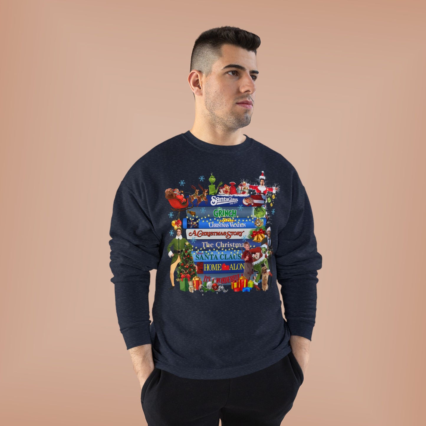 Christmas Movie Stack Crewneck Sweatshirt — Holiday Classics Sign Design
