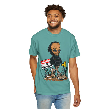Alien Hooded T-Shirt — "No Trespassing" Desert Graphic