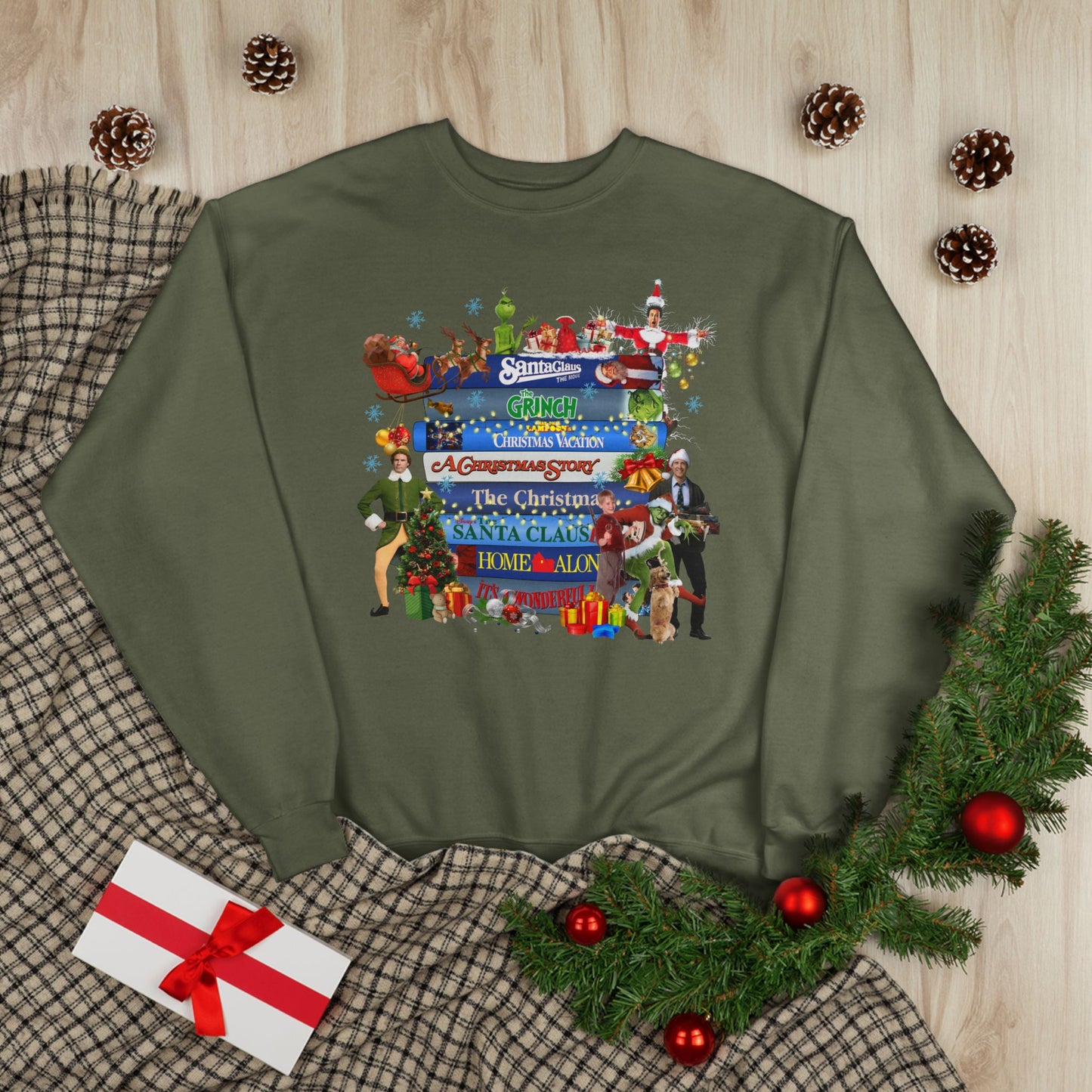 Christmas Movie Stack Crewneck Sweatshirt — Holiday Classics Sign Design