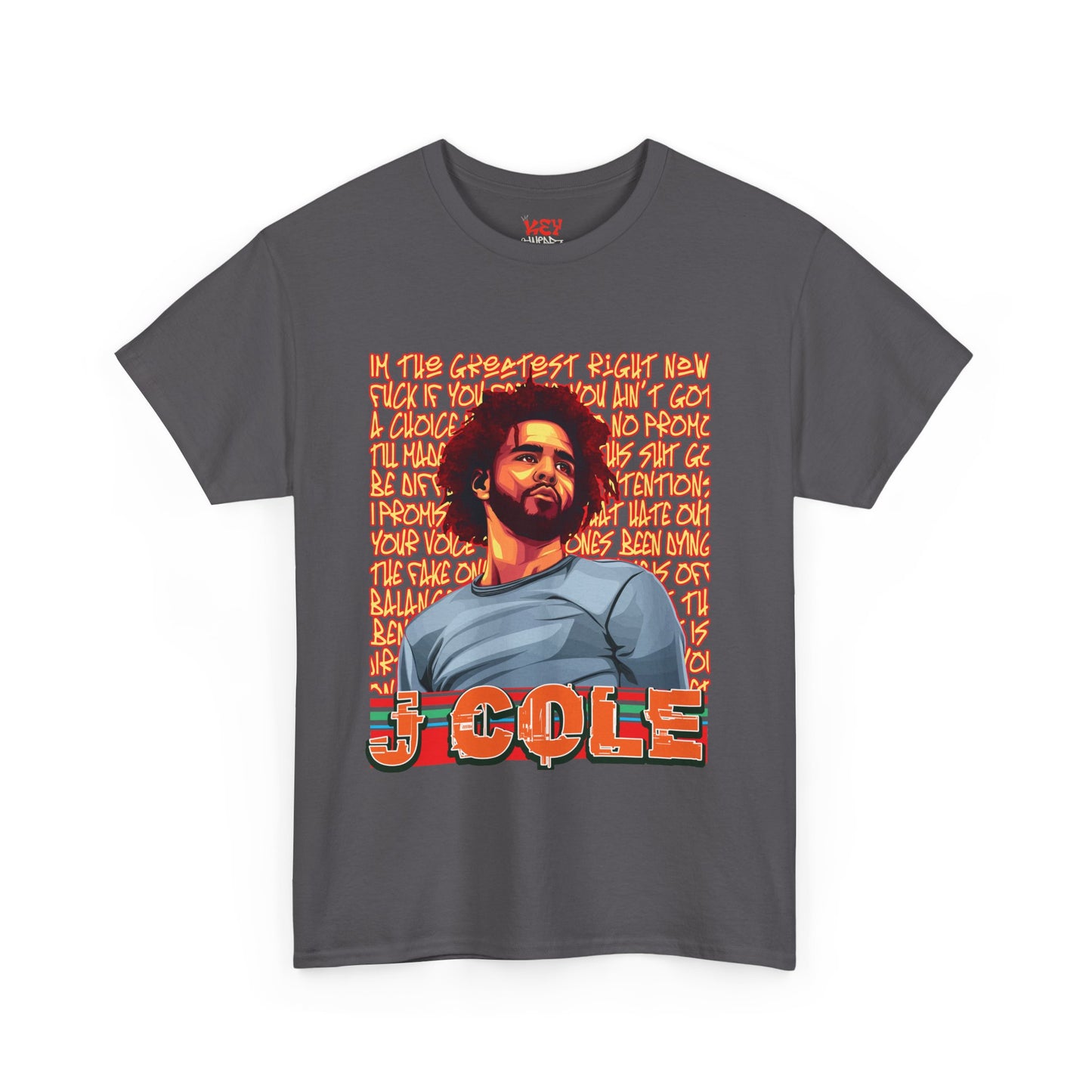 J Cole Graphic Tee — Retro Portrait with 'J-Cole' Text