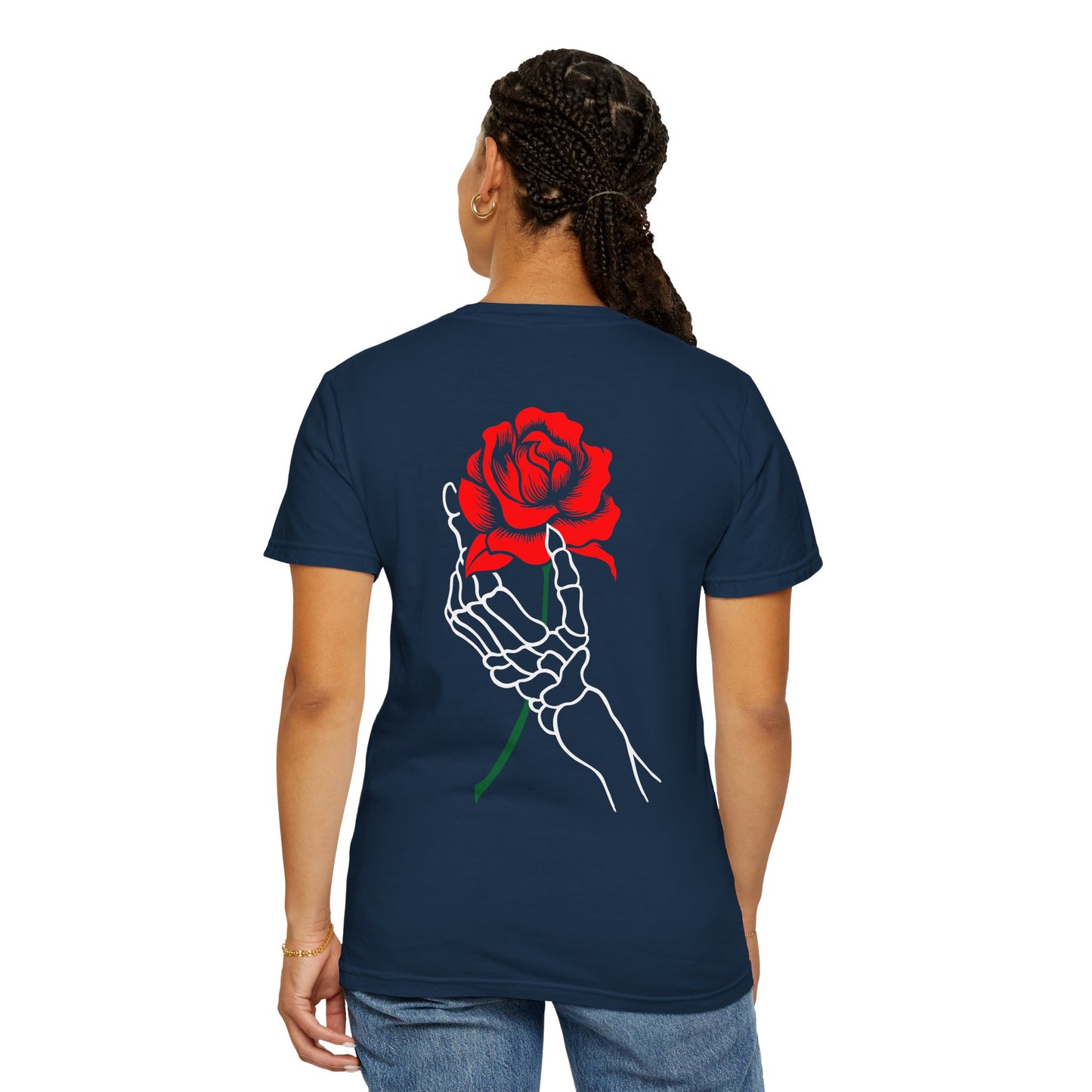Skeleton Hand Holding Red Rose Graphic Tee
