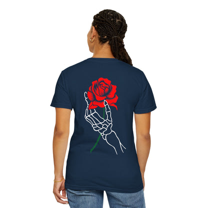 Skeleton Hand Holding Red Rose Graphic Tee