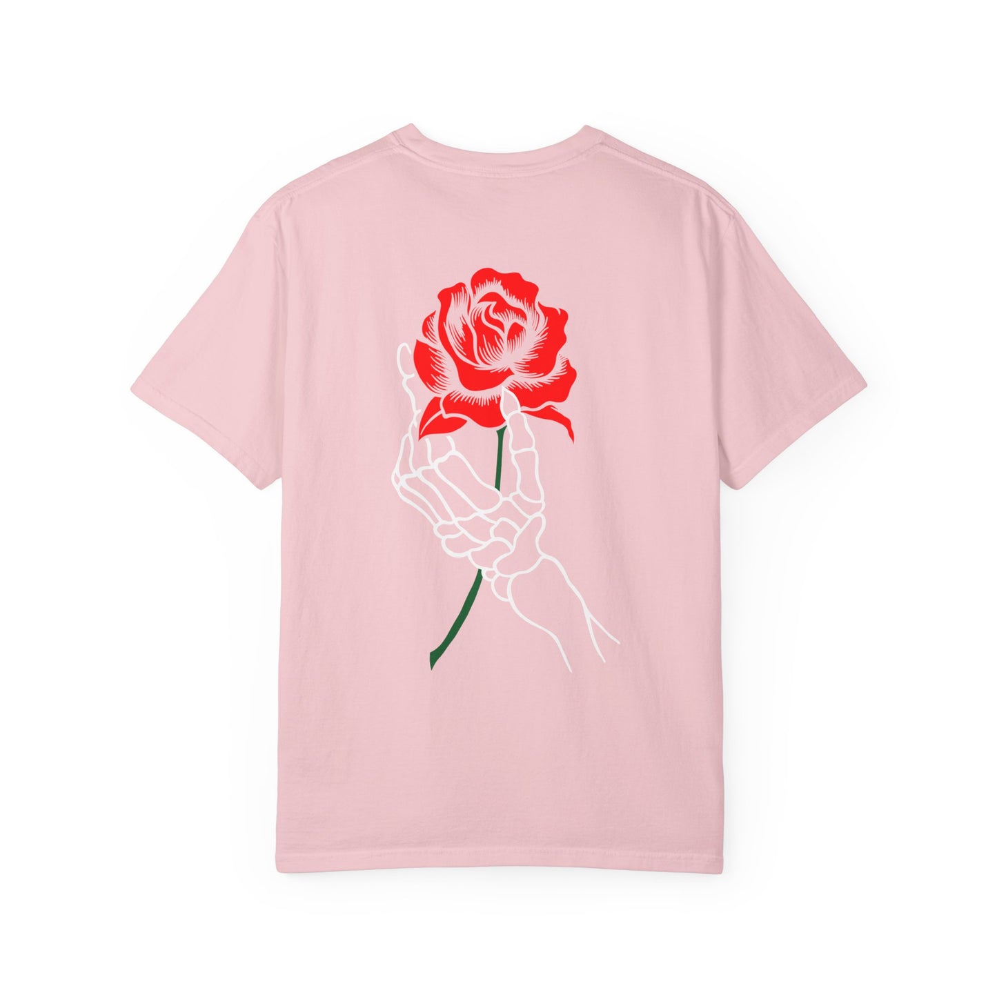 Skeleton Hand Holding Red Rose Graphic Tee