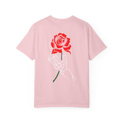 Skeleton Hand Holding Red Rose Graphic Tee