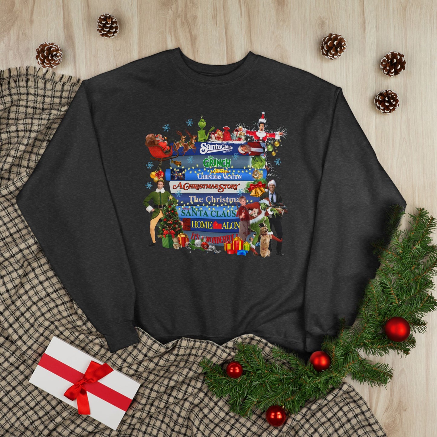 Christmas Movie Stack Crewneck Sweatshirt — Holiday Classics Sign Design