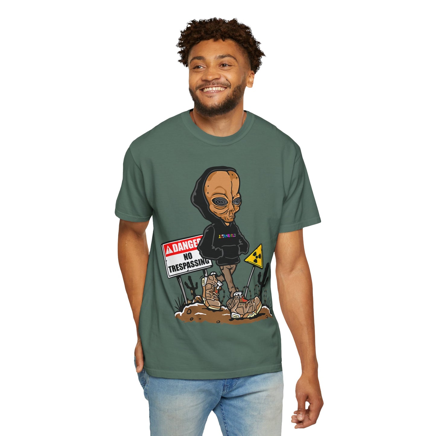 Alien Hooded T-Shirt — "No Trespassing" Desert Graphic