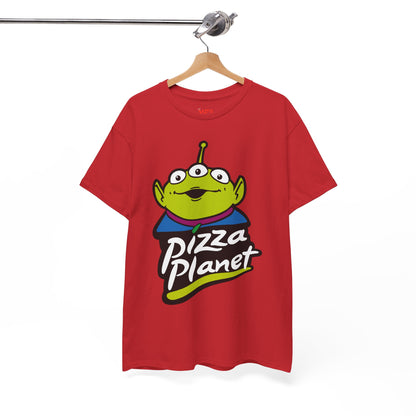 Pizza Planet Alien Graphic Tee — Retro Cartoon Pizza Logo T-Shirt