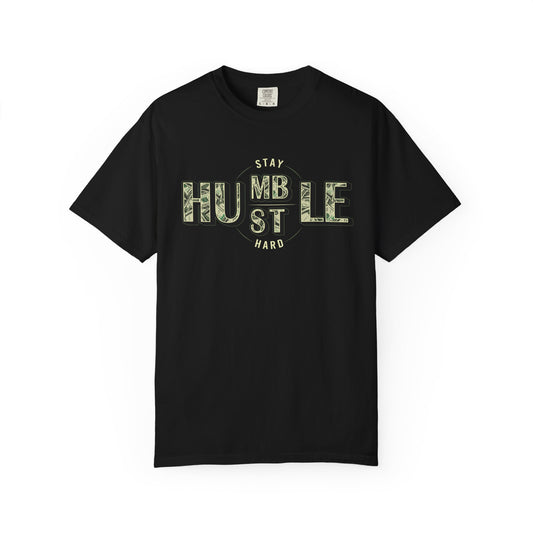 Stay Humble Hustle T-Shirt — Camo Lettering Motivational Tee