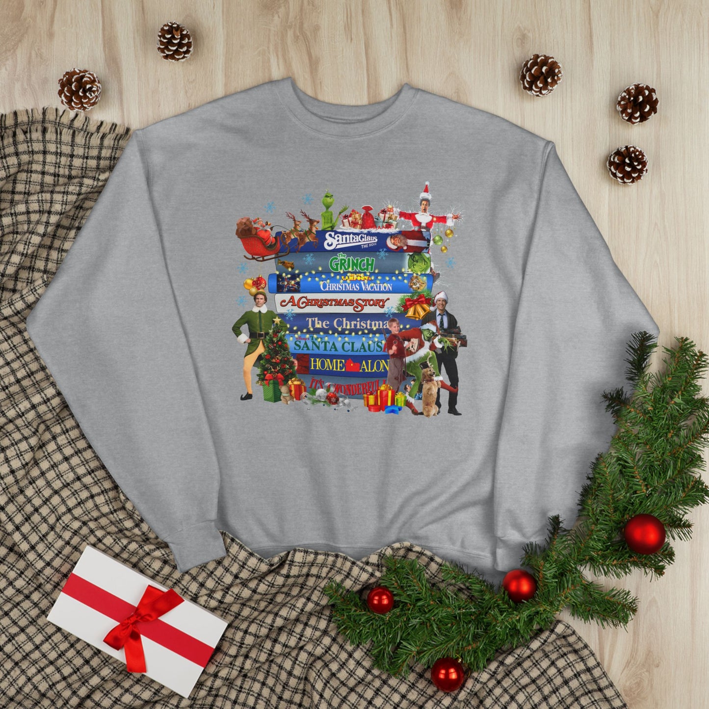 Christmas Movie Stack Crewneck Sweatshirt — Holiday Classics Sign Design