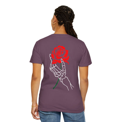 Skeleton Hand Holding Red Rose Graphic Tee