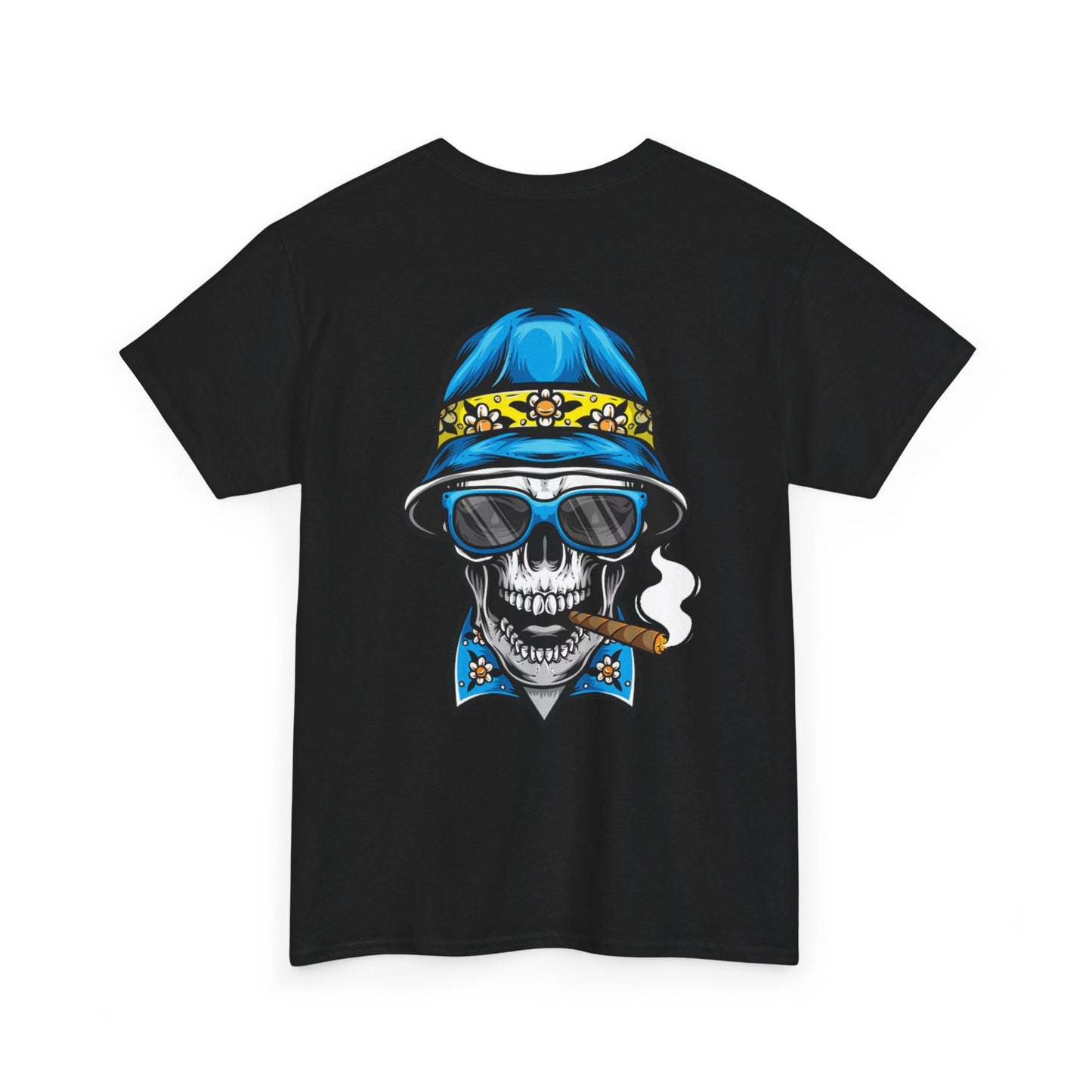 Skull Cigar Tee — Vintage Blue Bucket Hat Graphic T-Shirt