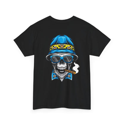 Skull Cigar Tee — Vintage Blue Bucket Hat Graphic T-Shirt