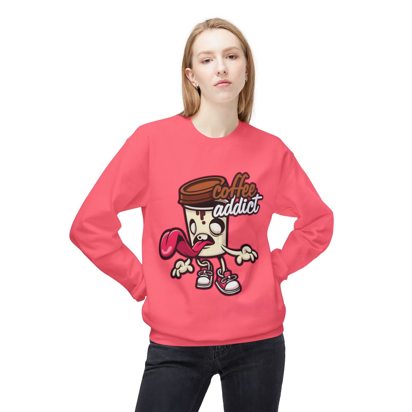 Coffee Addict Crewneck Sweatshirt — Cute Cartoon Coffee Cup Graphic