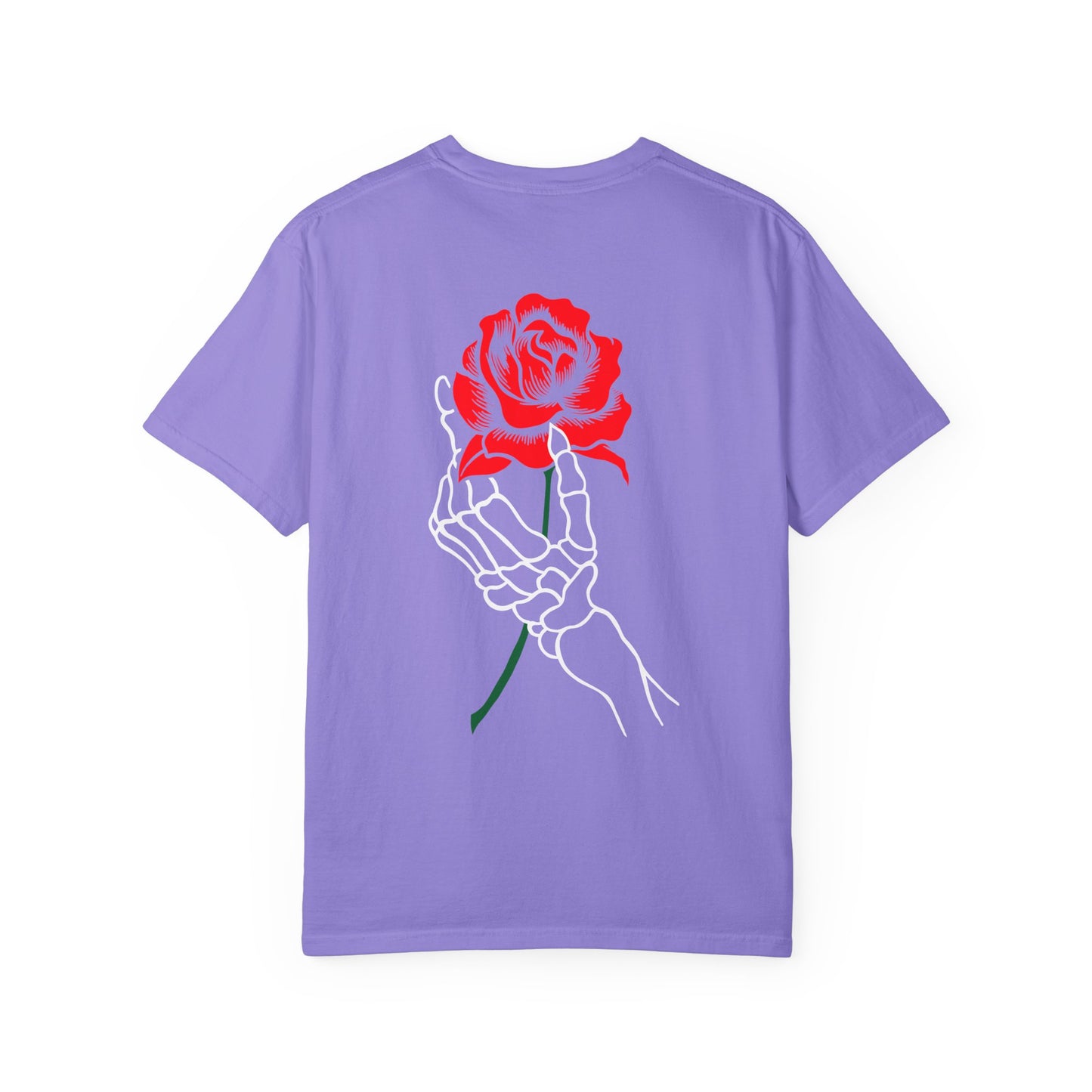Skeleton Hand Holding Red Rose Graphic Tee