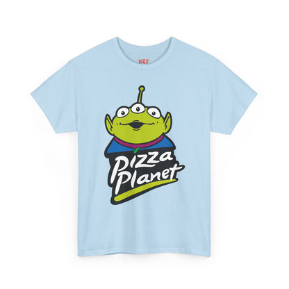 Pizza Planet Alien Graphic Tee — Retro Cartoon Pizza Logo T-Shirt