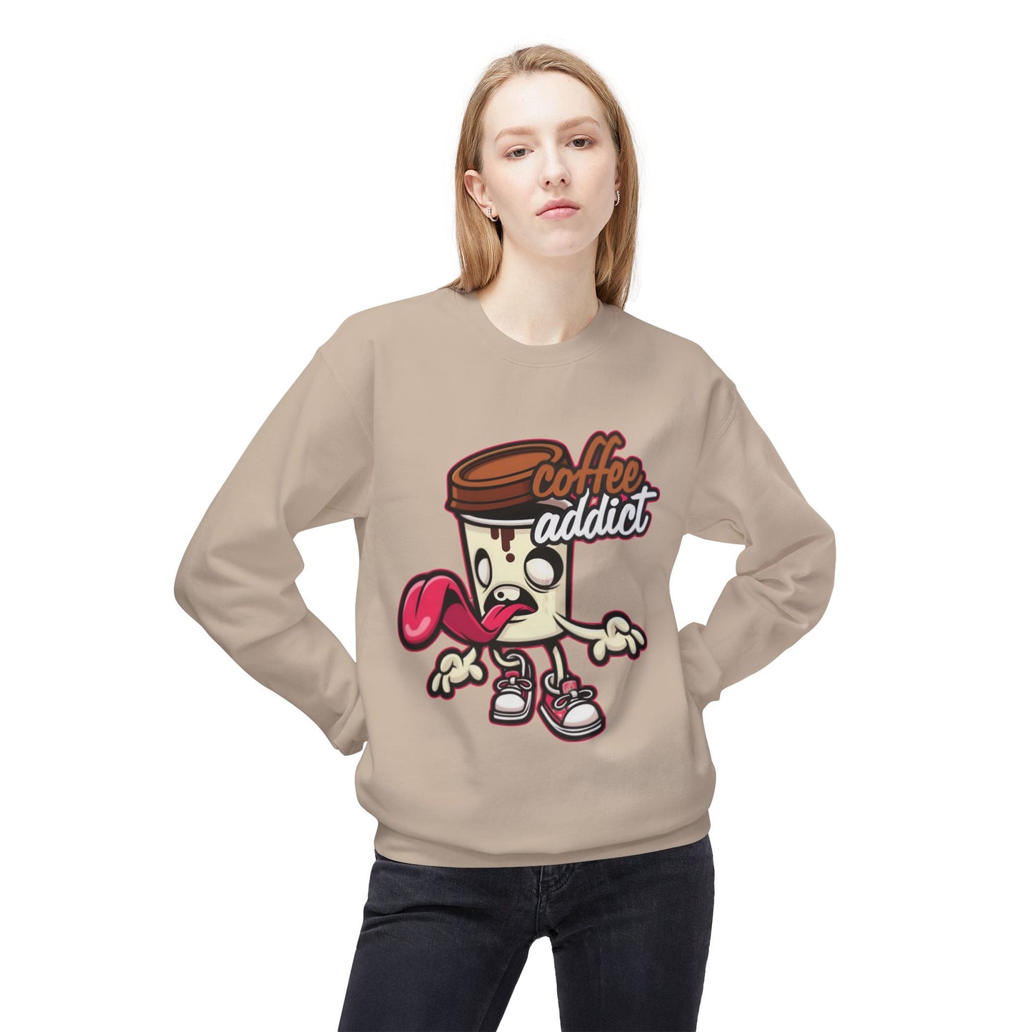 Coffee Addict Crewneck Sweatshirt — Cute Cartoon Coffee Cup Graphic