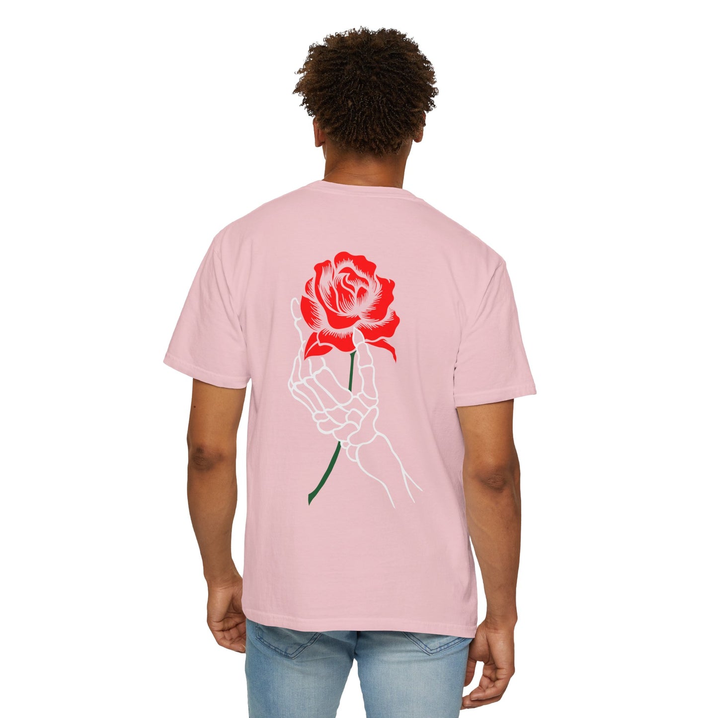 Skeleton Hand Holding Red Rose Graphic Tee