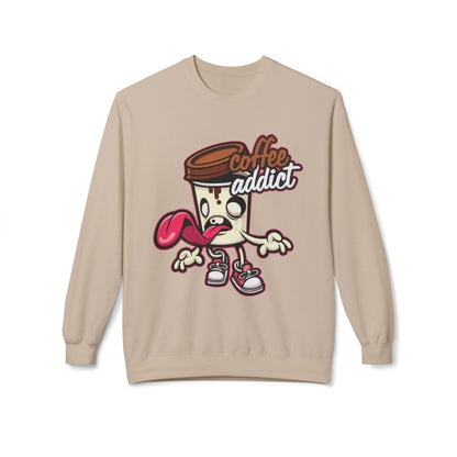 Coffee Addict Crewneck Sweatshirt — Cute Cartoon Coffee Cup Graphic