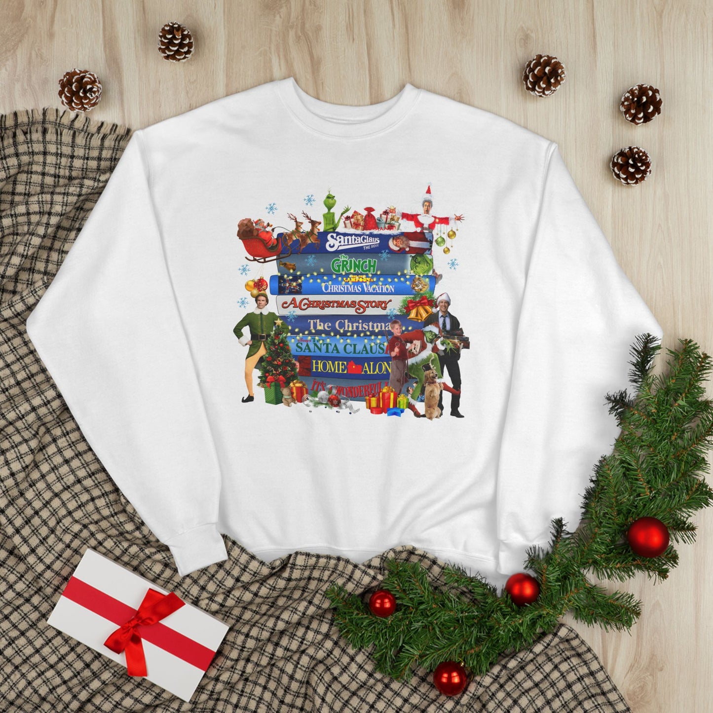 Christmas Movie Stack Crewneck Sweatshirt — Holiday Classics Sign Design