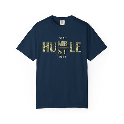 Stay Humble Hustle T-Shirt — Camo Lettering Motivational Tee