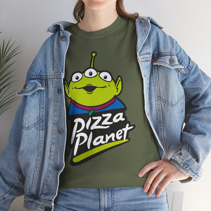 Pizza Planet Alien Graphic Tee — Retro Cartoon Pizza Logo T-Shirt