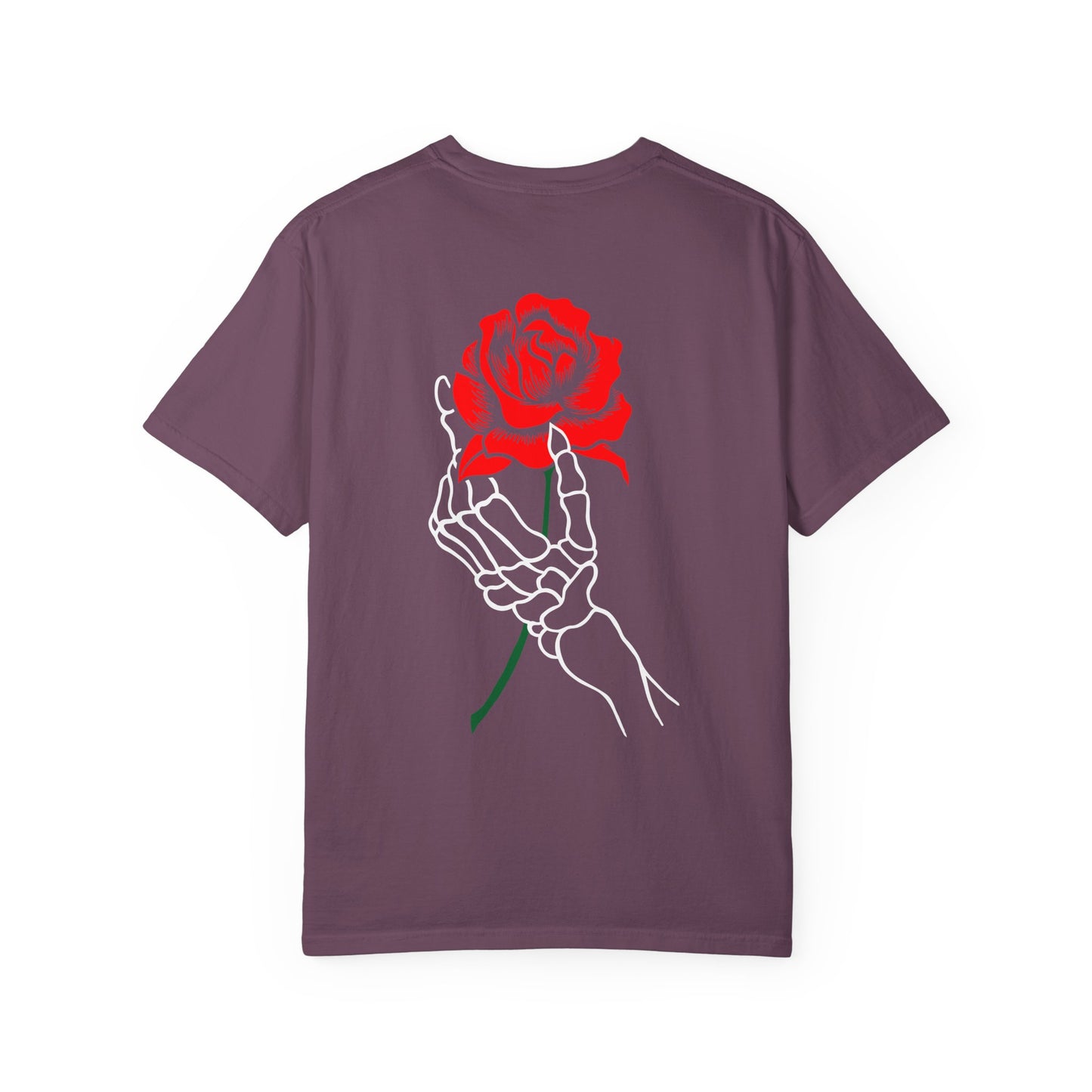 Skeleton Hand Holding Red Rose Graphic Tee