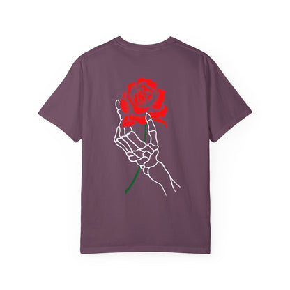 Skeleton Hand Holding Red Rose Graphic Tee