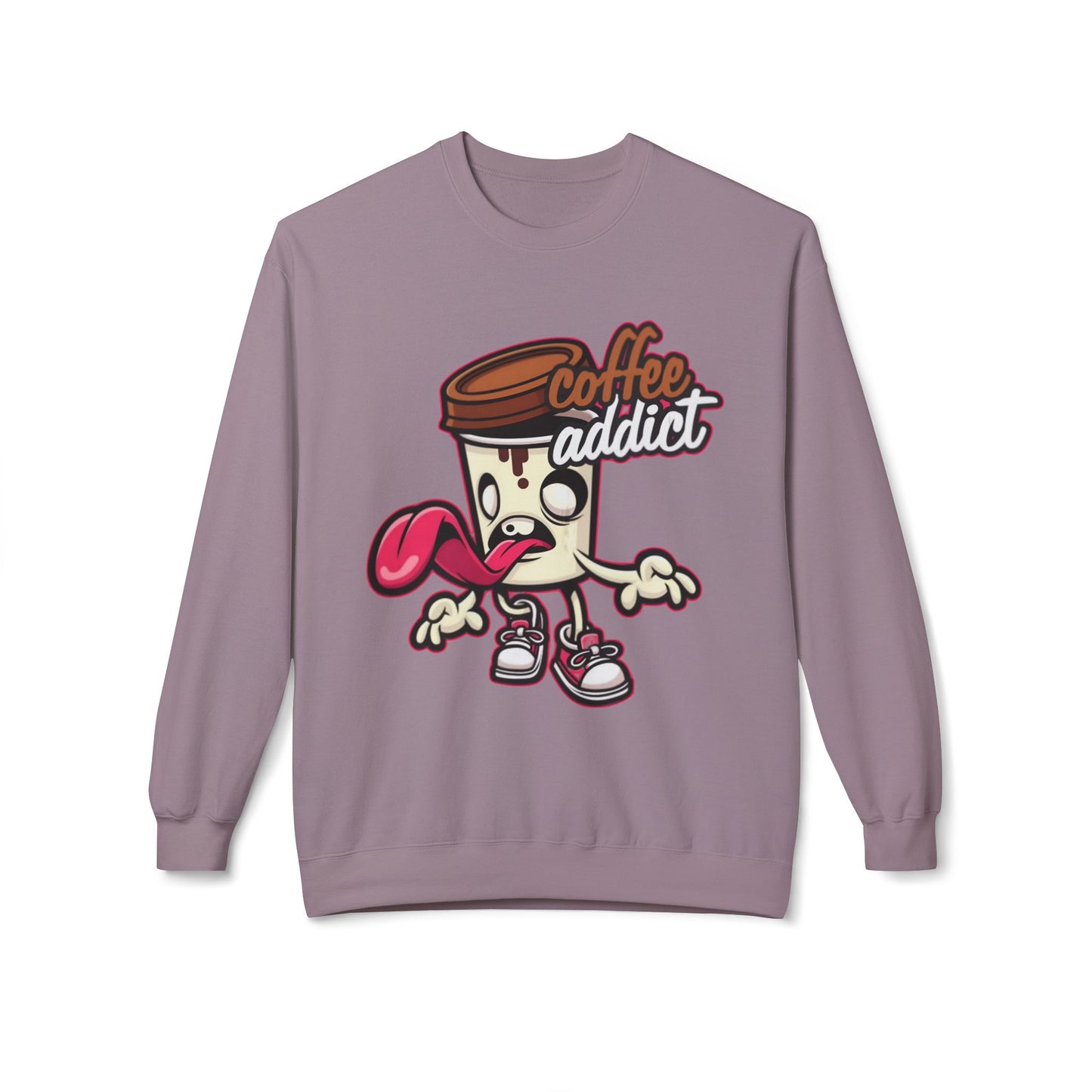 Coffee Addict Crewneck Sweatshirt — Cute Cartoon Coffee Cup Graphic