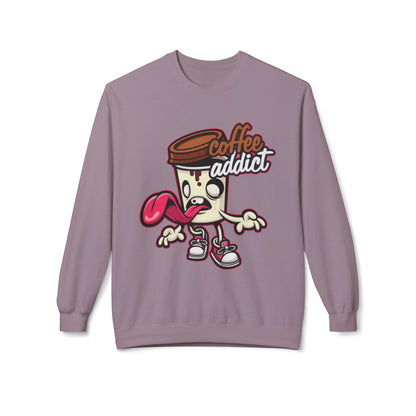 Coffee Addict Crewneck Sweatshirt — Cute Cartoon Coffee Cup Graphic