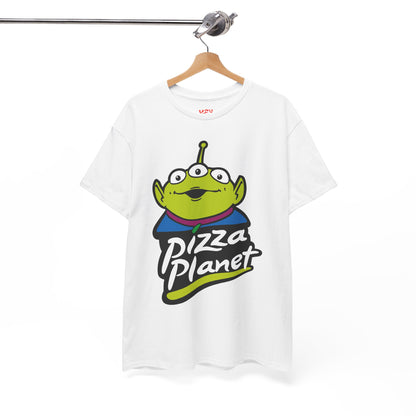 Pizza Planet Alien Graphic Tee — Retro Cartoon Pizza Logo T-Shirt