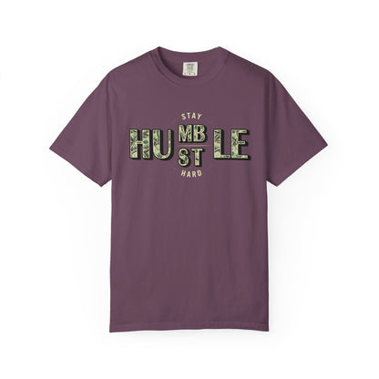Stay Humble Hustle T-Shirt — Camo Lettering Motivational Tee