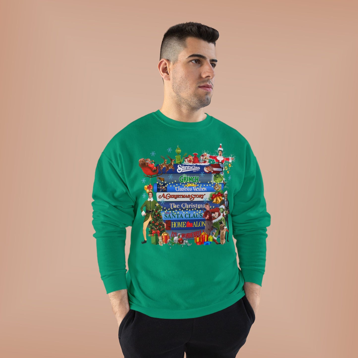Christmas Movie Stack Crewneck Sweatshirt — Holiday Classics Sign Design