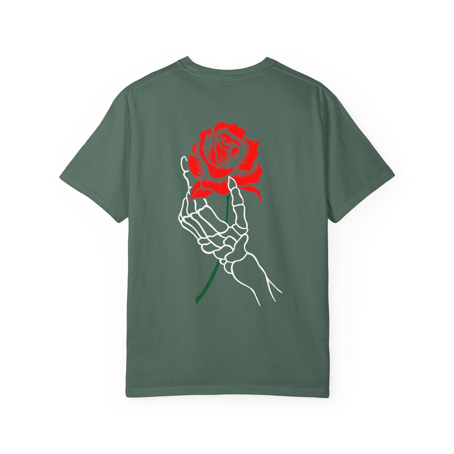 Skeleton Hand Holding Red Rose Graphic Tee