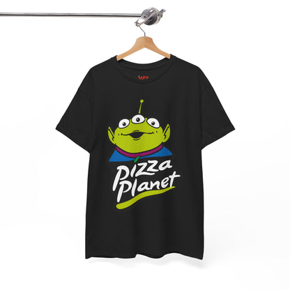Pizza Planet Alien Graphic Tee — Retro Cartoon Pizza Logo T-Shirt