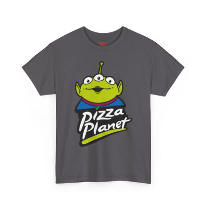 Pizza Planet Alien Graphic Tee — Retro Cartoon Pizza Logo T-Shirt