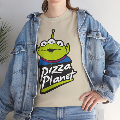 Pizza Planet Alien Graphic Tee — Retro Cartoon Pizza Logo T-Shirt