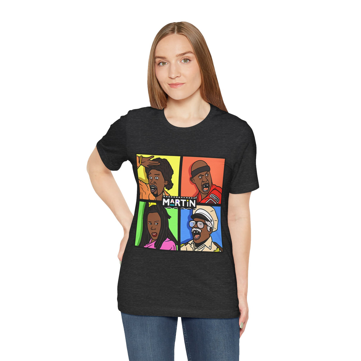 Retro TV Cast Graphic Tee — "Martin" Pop Art Squares