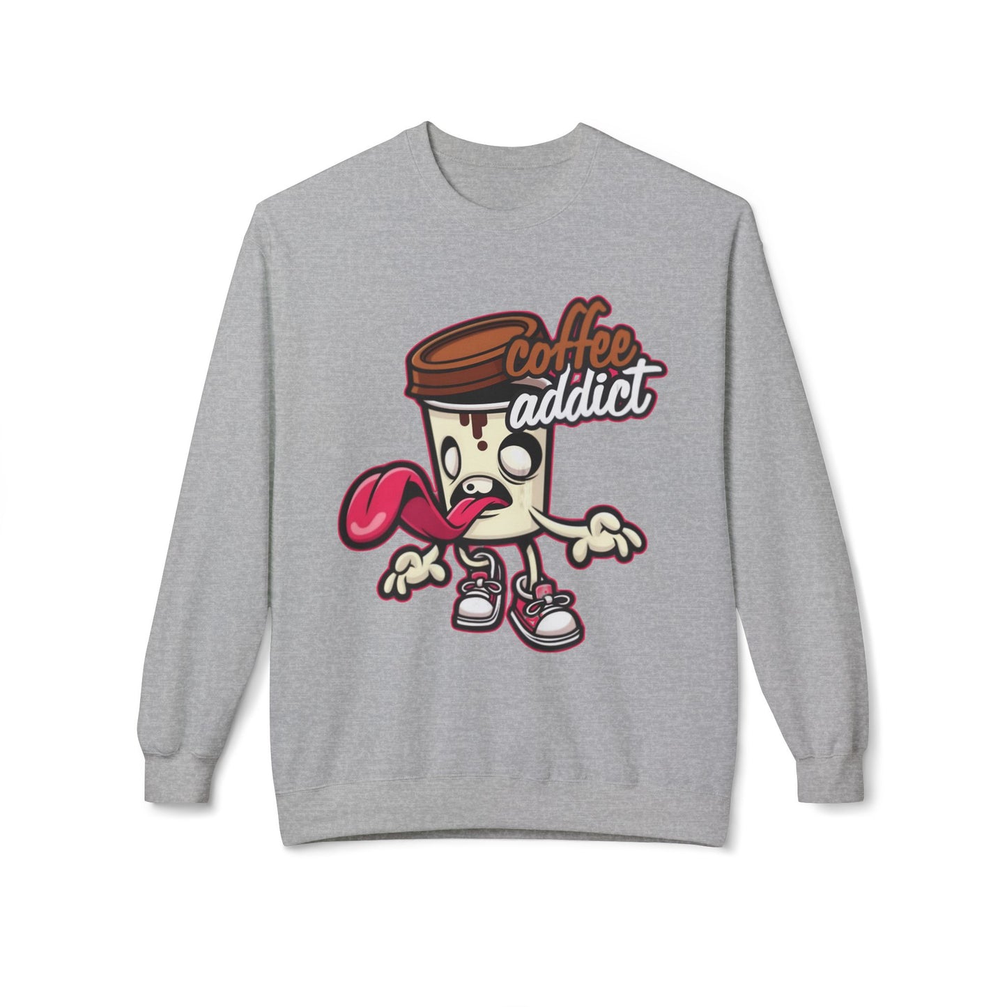 Coffee Addict Crewneck Sweatshirt — Cute Cartoon Coffee Cup Graphic