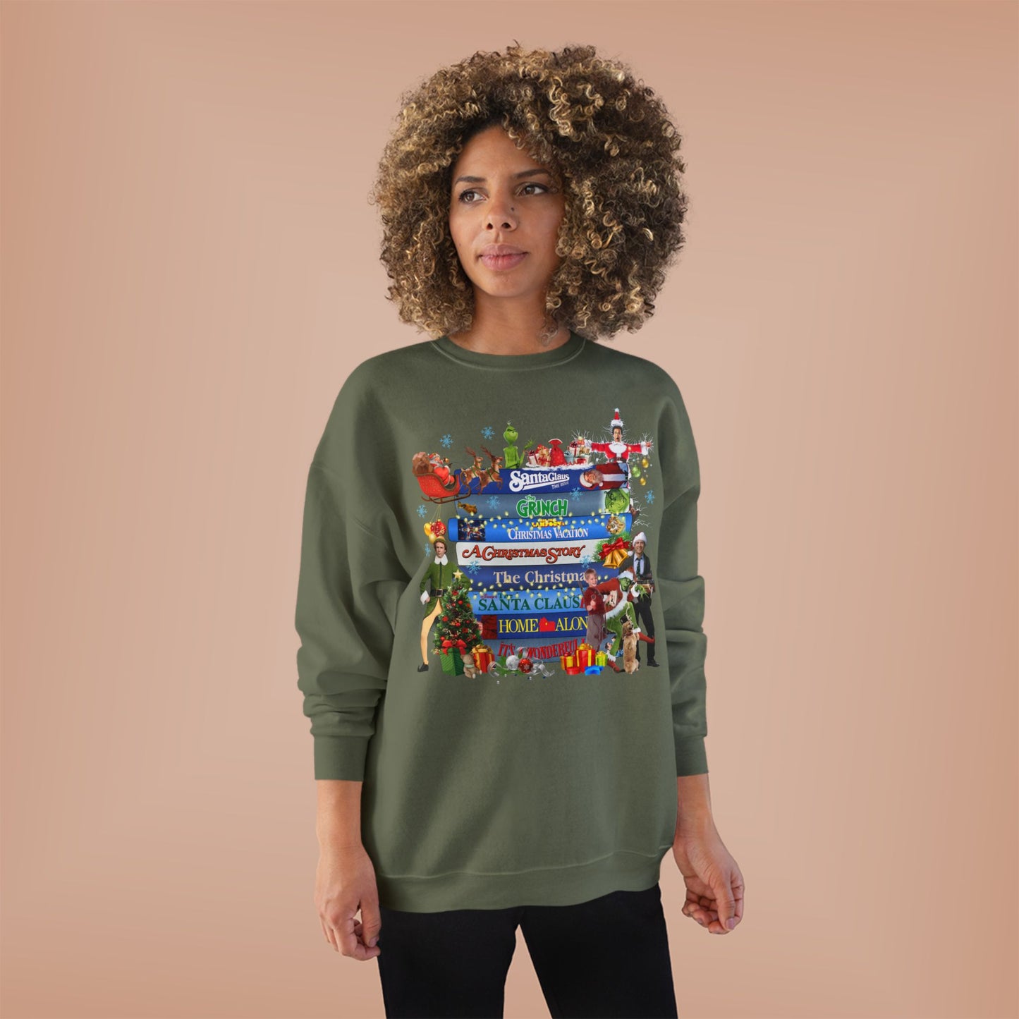 Christmas Movie Stack Crewneck Sweatshirt — Holiday Classics Sign Design