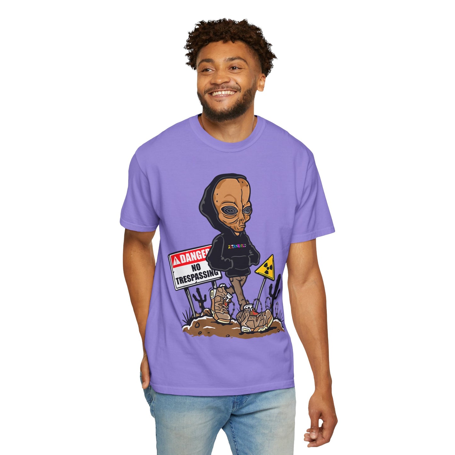 Alien Hooded T-Shirt — "No Trespassing" Desert Graphic
