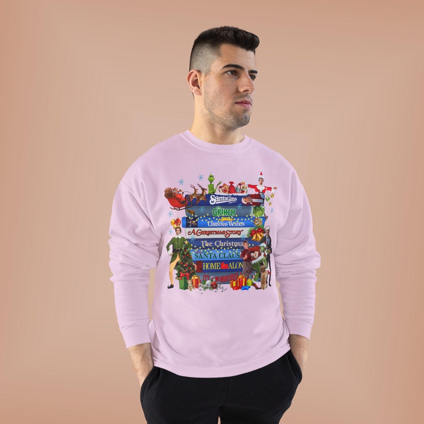 Christmas Movie Stack Crewneck Sweatshirt — Holiday Classics Sign Design