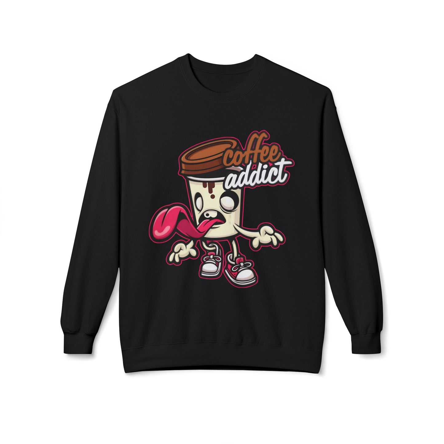 Coffee Addict Crewneck Sweatshirt — Cute Cartoon Coffee Cup Graphic