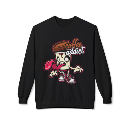 Coffee Addict Crewneck Sweatshirt — Cute Cartoon Coffee Cup Graphic