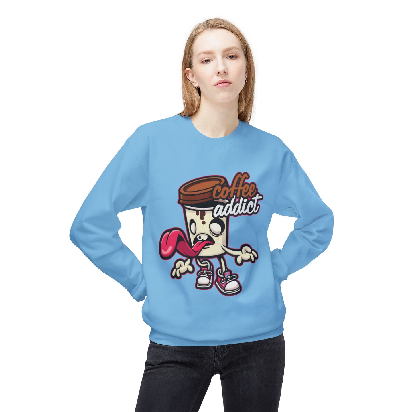 Coffee Addict Crewneck Sweatshirt — Cute Cartoon Coffee Cup Graphic