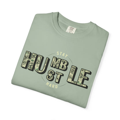 Stay Humble Hustle T-Shirt — Camo Lettering Motivational Tee